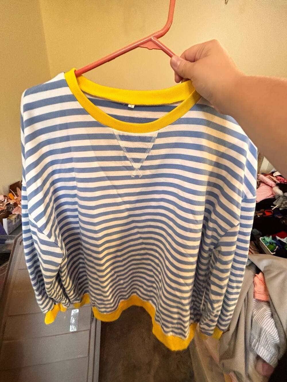 Blue and White Striped Long Sleeve Sweatshirt with Yellow Collar and Hem Size L